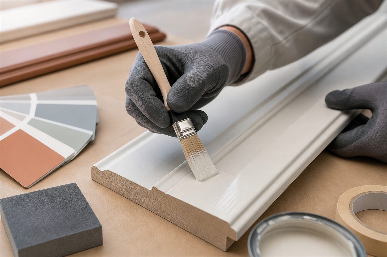 Detailaufnahme einer präzisen Lackierarbeit an einer Holzoberfläche